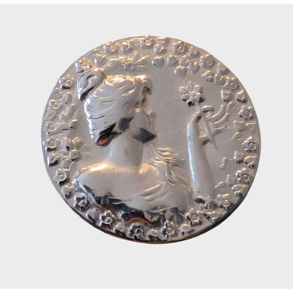 Vintage Silver Round Brooch Art Nouveau Style Lady Profile Floral Pin